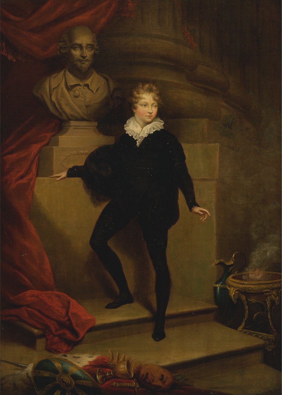 Mester Betty som Hamlet, før en byste av Shakespeare av James Northcote