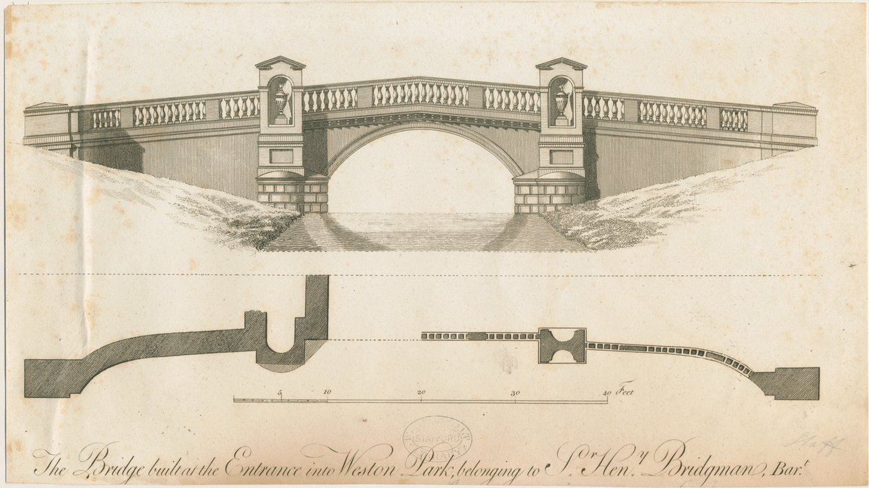 Weston-under-Lizard - Bro ved inngangen til Weston Park: gravering, nd [c 1765-1770] av James Paine