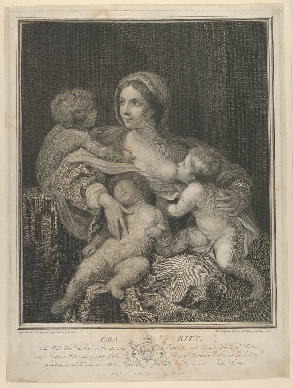 Veldedighet satt og ammede et spedbarn, en annen sov på fanget hennes og en tredje snakket med henne, ..., 1793. av James Parker