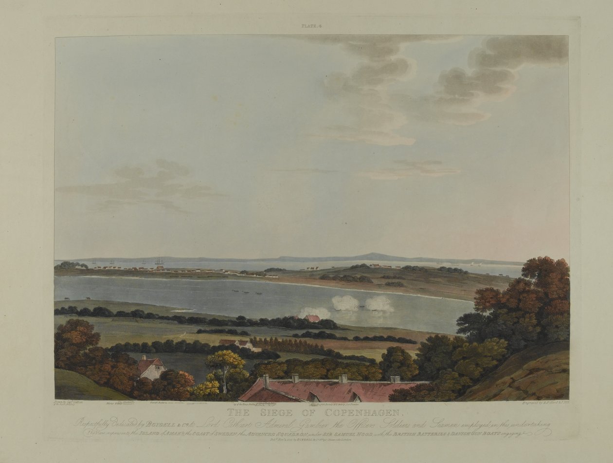 Danmark 1807: The Siege of Copenhagen, gravert av Robert Pollard (1792-1867) og Joseph Constantine Stadler (1780-1812) utgitt i 1807 (farget akvatint) av James Pattison Cockburn