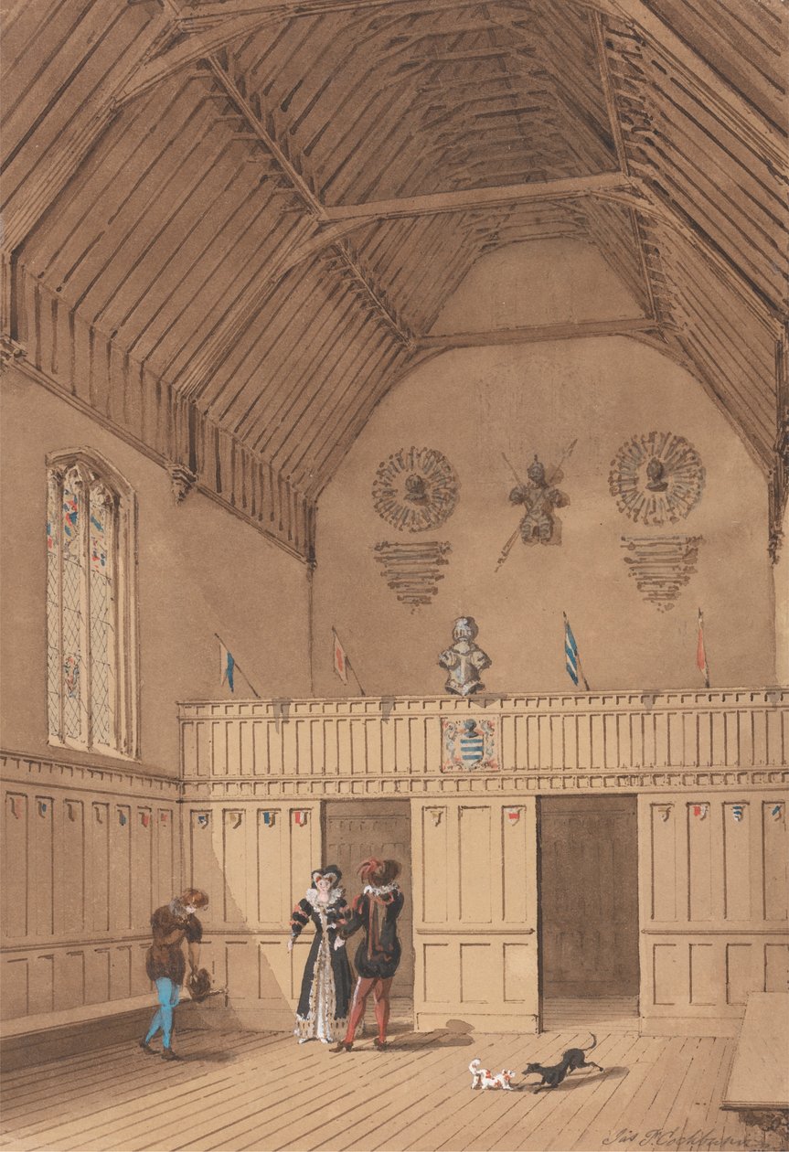 Raftered Hall med figurer i kjole fra 1500-tallet av James Pattison Cockburn