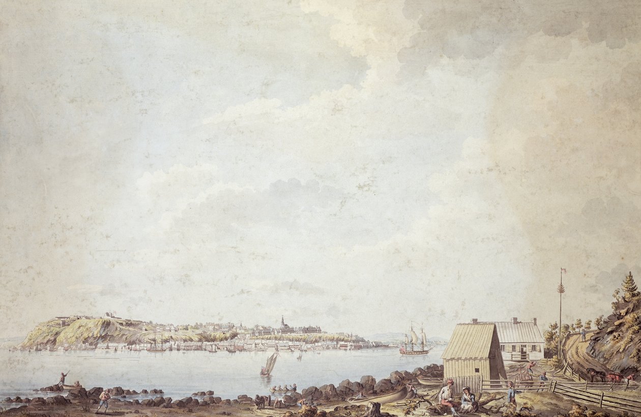 En utsikt fra byen Quebec, hovedstaden i Canada, tatt fra fergehuset på motsatt side av elven, 3. oktober 1784 (penn og blekk og akvarell på papir) av James Peachey