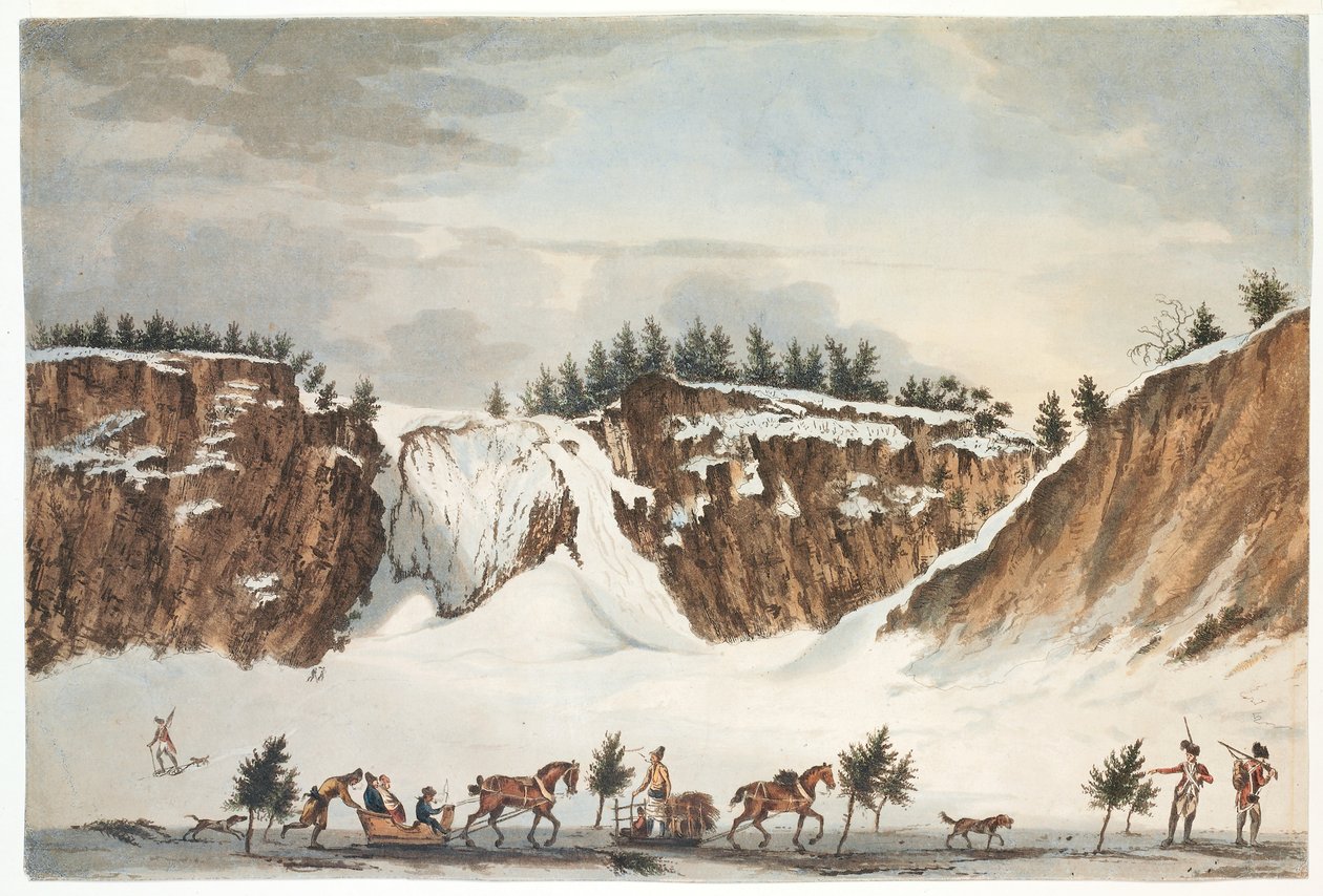 En vinterutsikt over fossen i Montmorenci fra veien på isen foran den, tatt 12. april 1781, gravert av John Wells av James Peachey