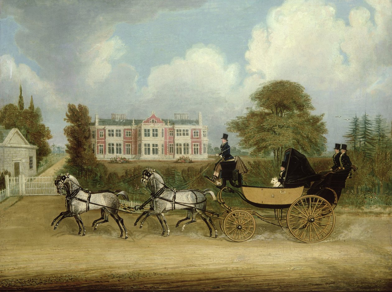 En Barouche tegnet av Four Greys som passerer et Jacobean Mansion av James Pollard