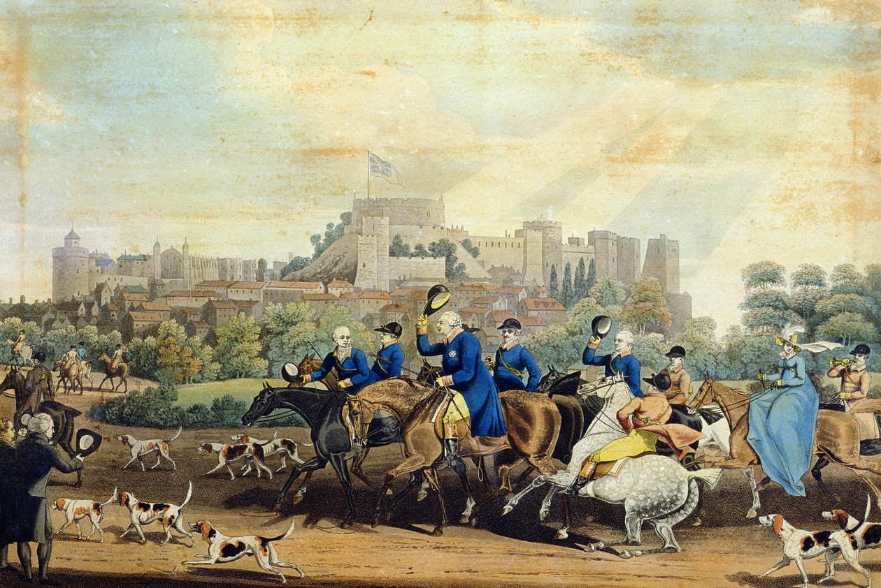 George III (1738-1820) vender tilbake fra jakt, gravert av M. Dubourg, 1820 (akvatint) av James Pollard