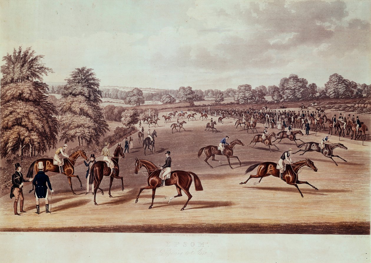Hesteveddeløp ved Epsom før avgang Illustrasjon av James Pollard (1792-1867) Privat samling fra 1800-tallet av James Pollard