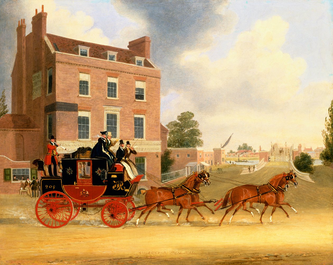 Quicksilver Royal Mail passerer stjernen og strømpebåndet ved Kew Bridge av James Pollard