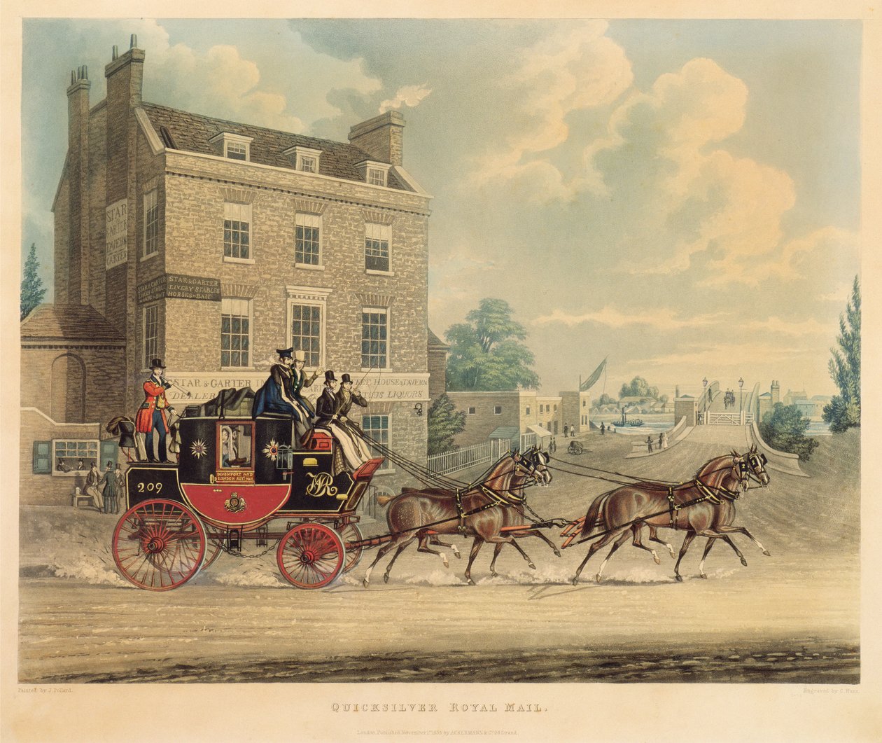 Quicksilver Royal Mail passerer stjernen og strømpebåndet ved Kew Bridge, 1835 av James Pollard