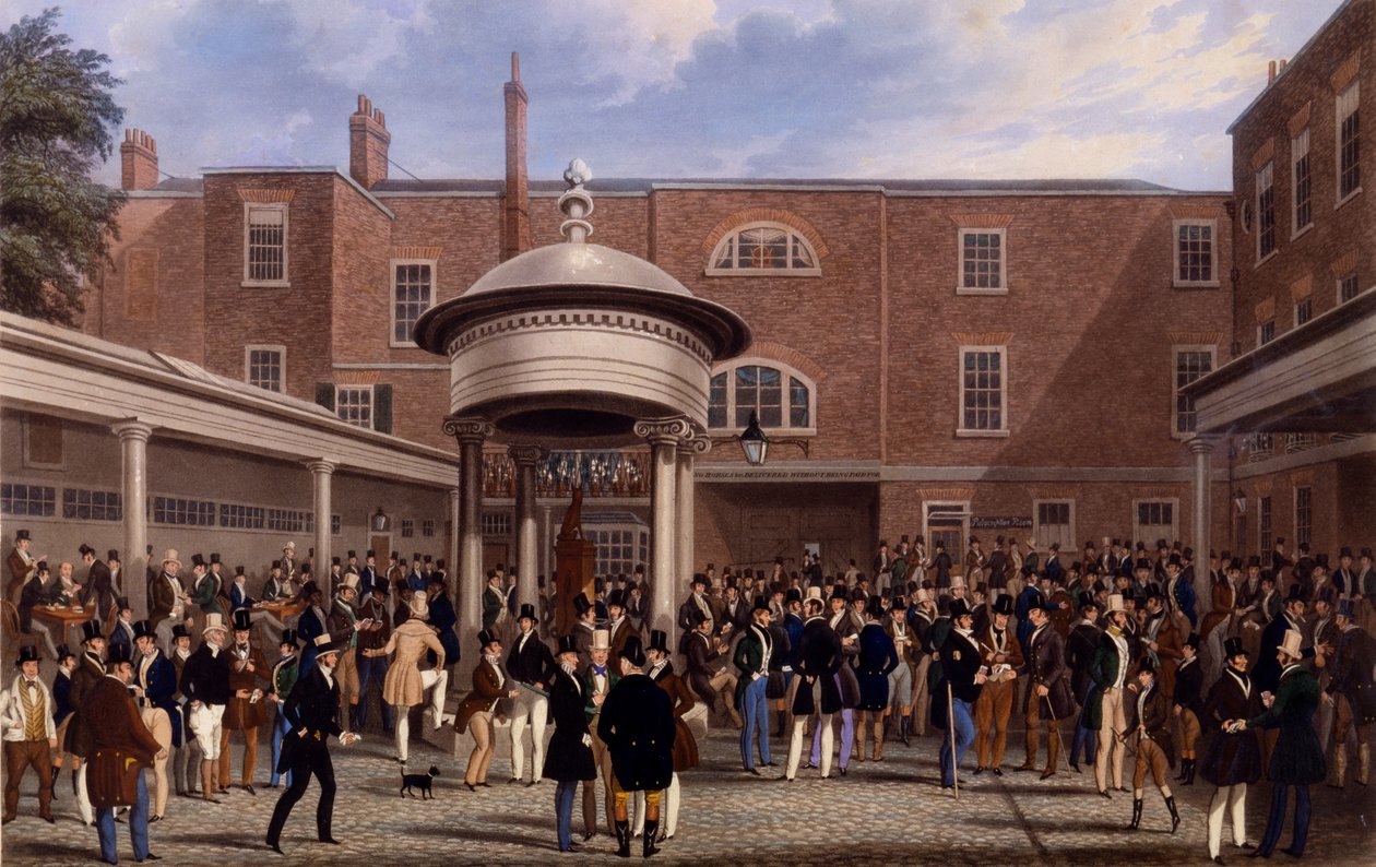 Settling Day at Tattersalls, trykk laget av Charles Hunt, 1836 (akvatint) av James Pollard