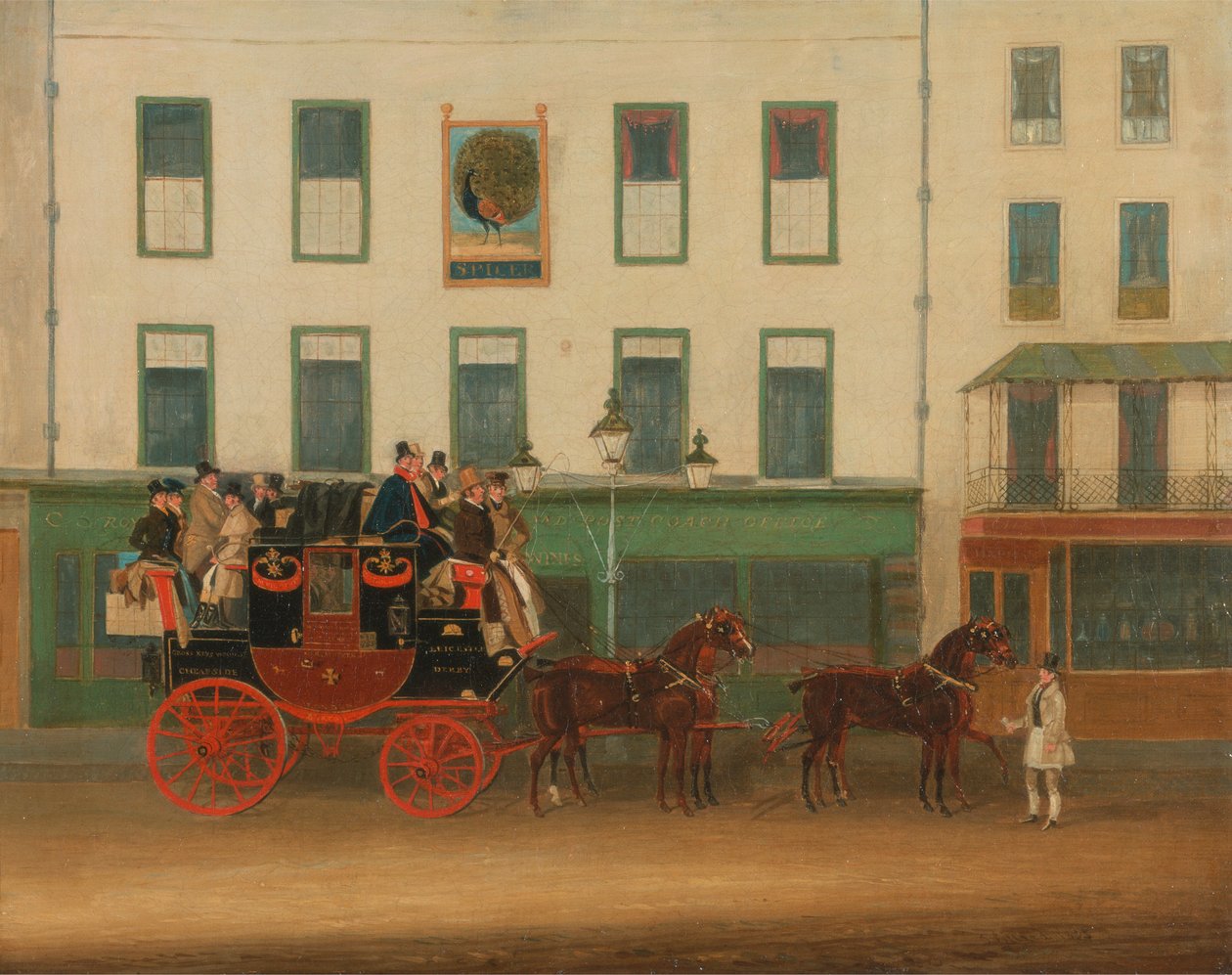 London-Manchester Stage Coach, "the Peveril of the Peak," utenfor Peacock Inn, Islington av James Pollard