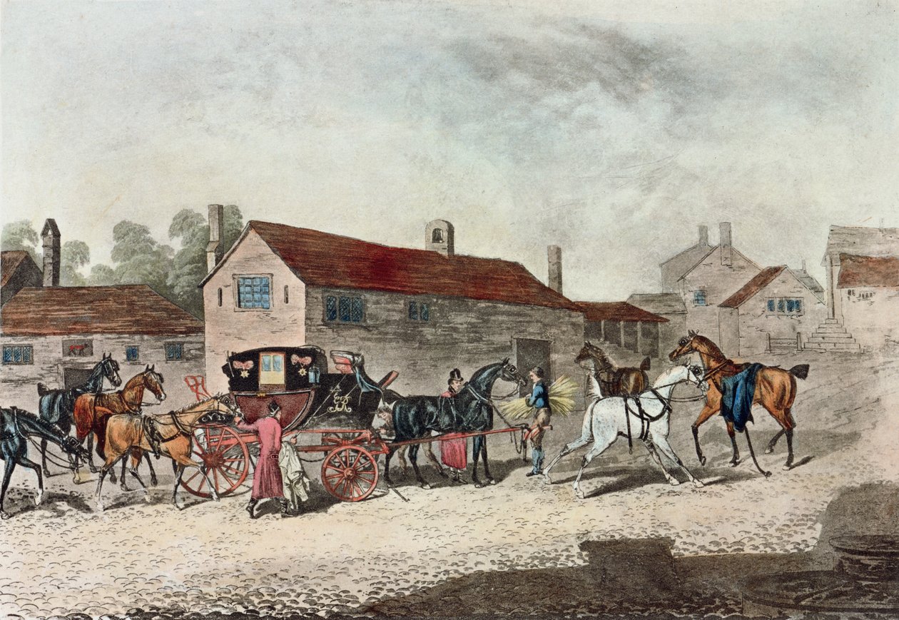 The Mail Coach Changing Horses, gravert av R. Havell, 1815 av James Pollard