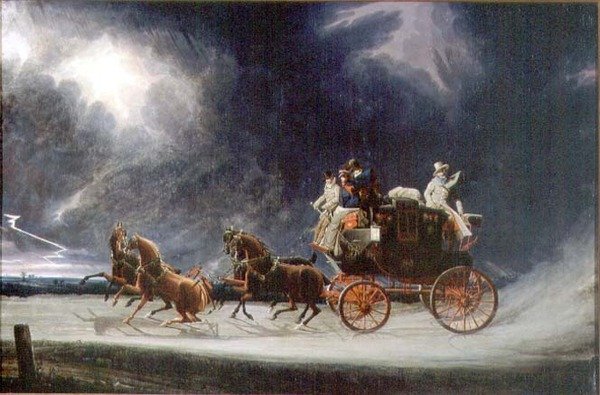The Norwich Mail Coach in a Thunderstorm on Newmarket Heath (olje på lerret) av James Pollard