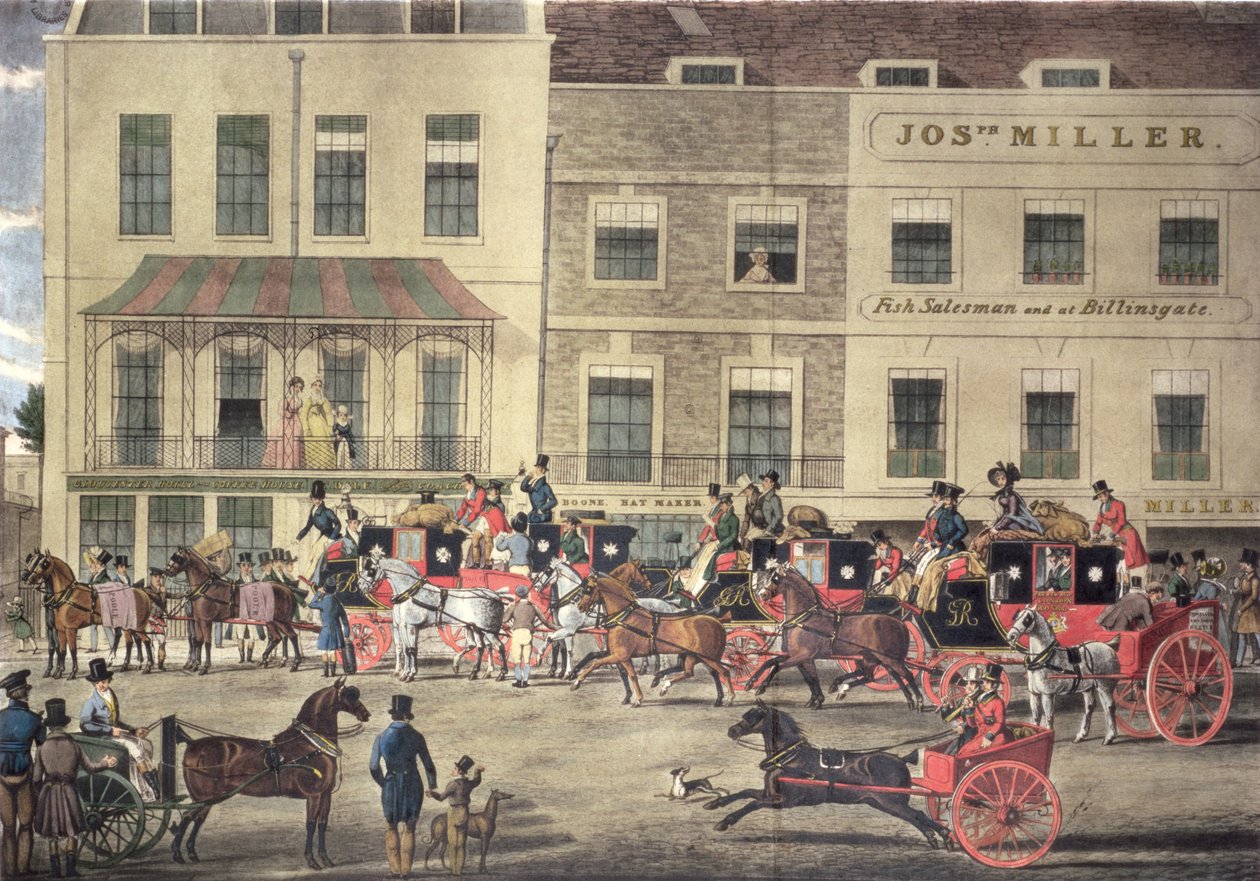West Country Mails på Gloucester Coffee House, Piccadilly, gravert av C. Rosenberg, 1828 av James Pollard