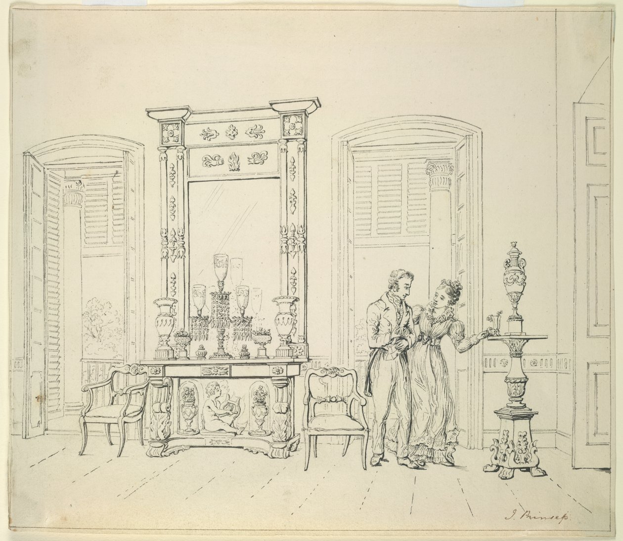 En engelsk dame og herre i en salong, Calcutta, ca. 1830 av James Prinsep