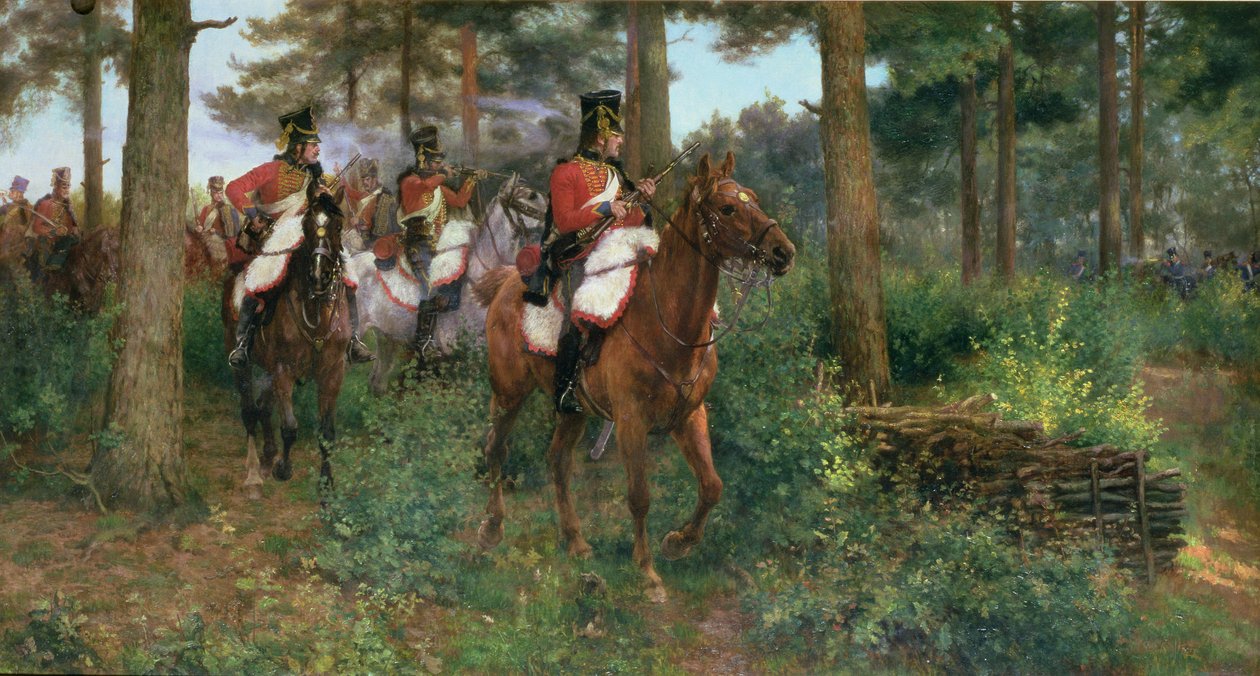 An Affair of Outposts, the 9th Hussars of Napoleons 1st Army 1806 (olje på lerret) av James Prinsep Beadle
