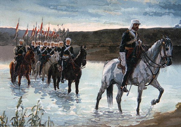 De 17. Lancers på marsj i Sentral-India i 1858 (farge litho) av James Prinsep Beadle
