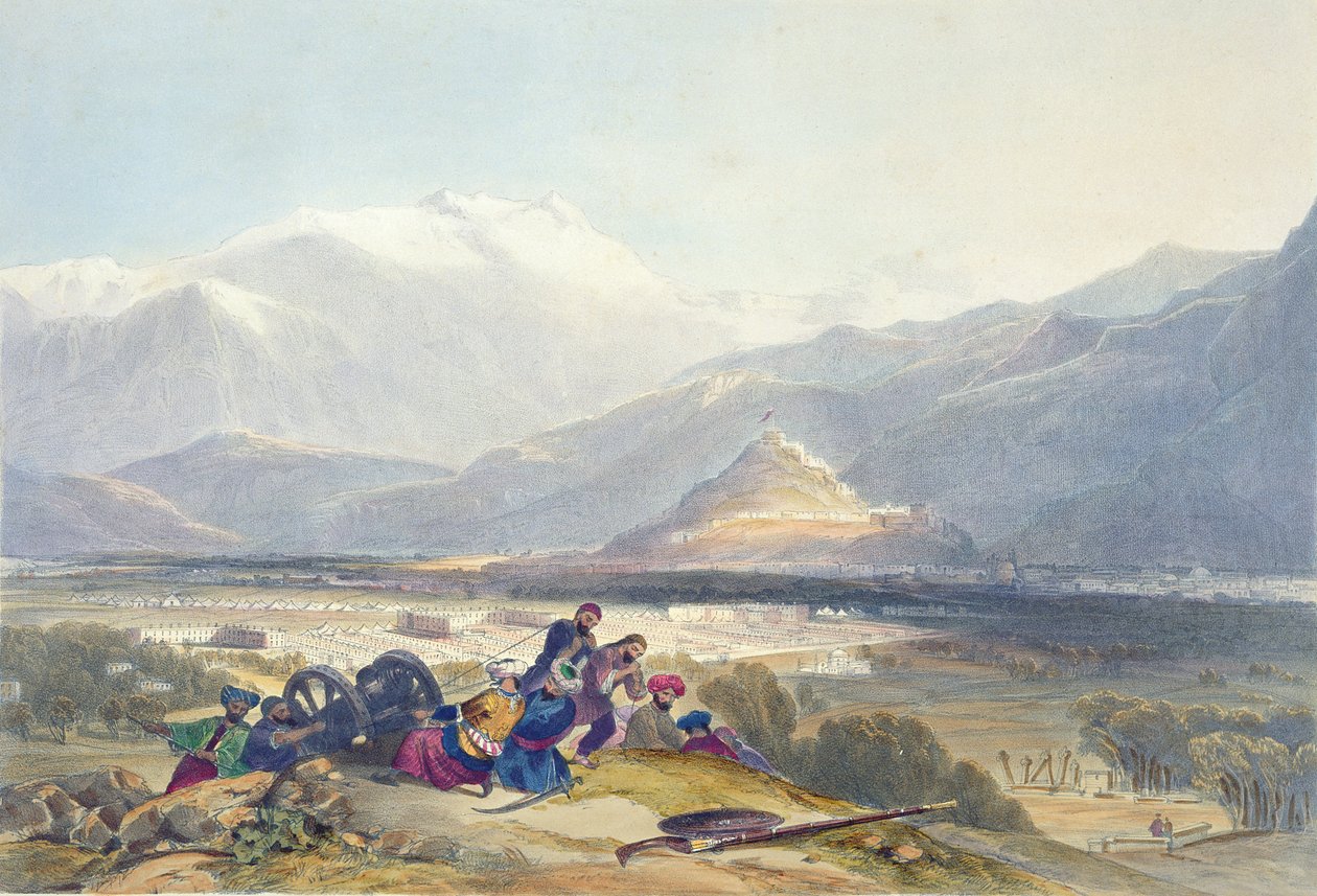Bala Hissar og byen Kabul med de britiske kantonene fra Ba Maroo-høyden, fiendtligheter som begynner, plate 16 fra 