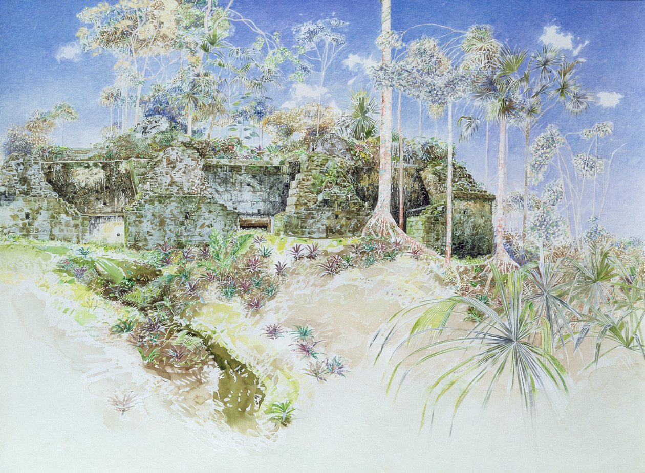 Ruined Temple, Tikal, Guatemala, 1984 (wc på papir) av James Reeve