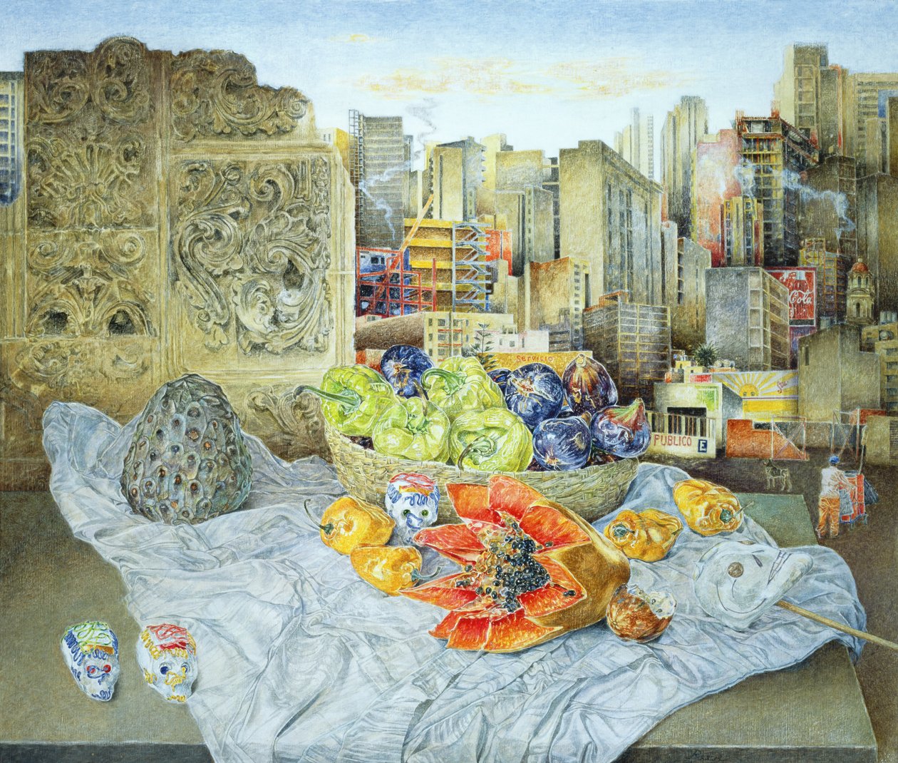 Stilleben med papaya og bybilde, 2000 av James Reeve