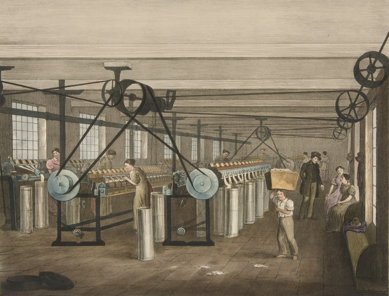 Spole og tegnerammer, Progress of Cotton nr. 5, pub. 1840 av James Richard Barfoot