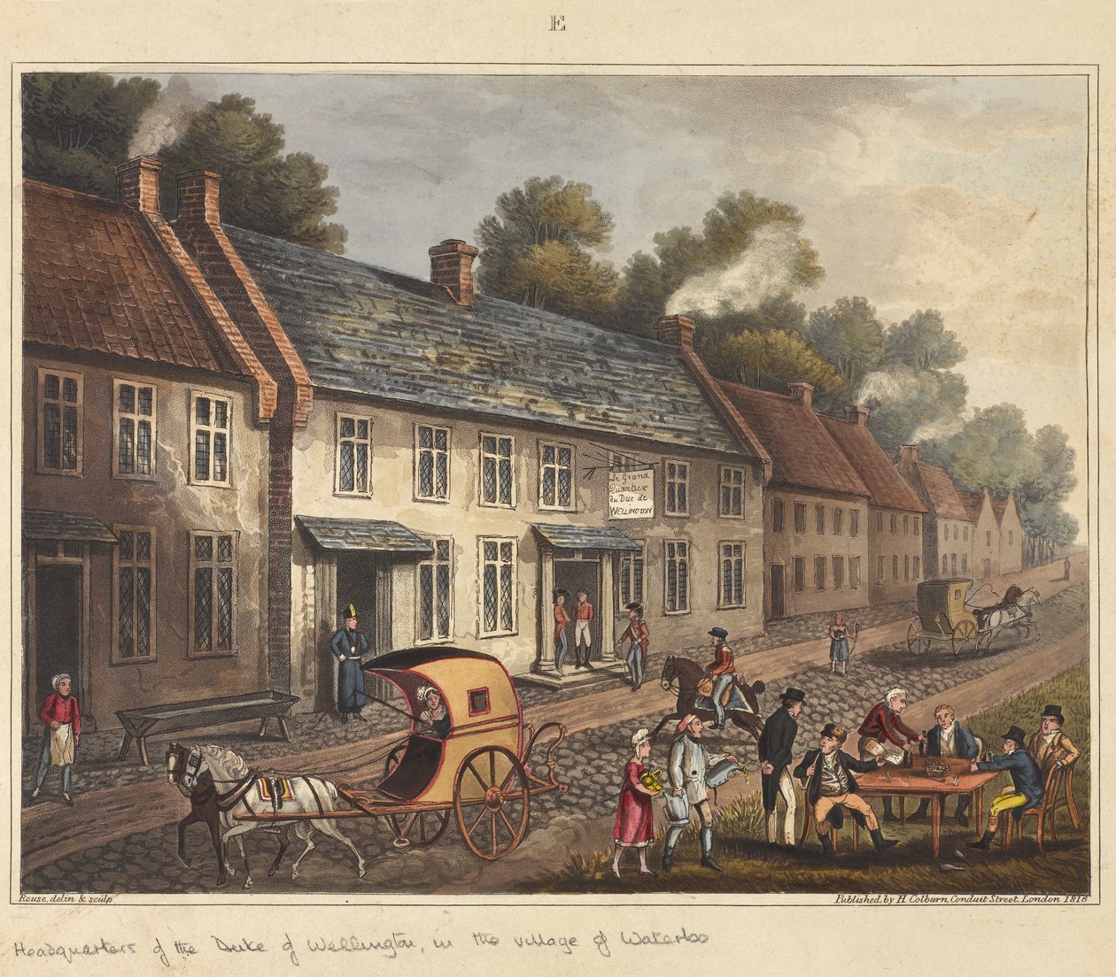 Hovedkvarteret til hertugen av Wellington i landsbyen Waterloo, fra "An Historical Account of the Battle of Waterloo", 1817 (farget akvatint) av James Rouse