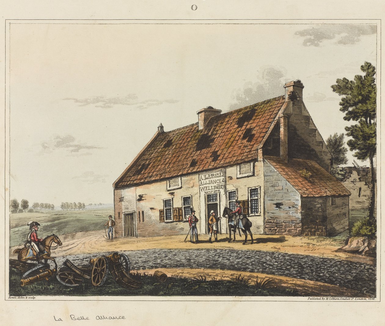 La Belle Alliance, fra 'An Historical Account of the Battle of Waterloo', 1817 (farget akvatint) av James Rouse
