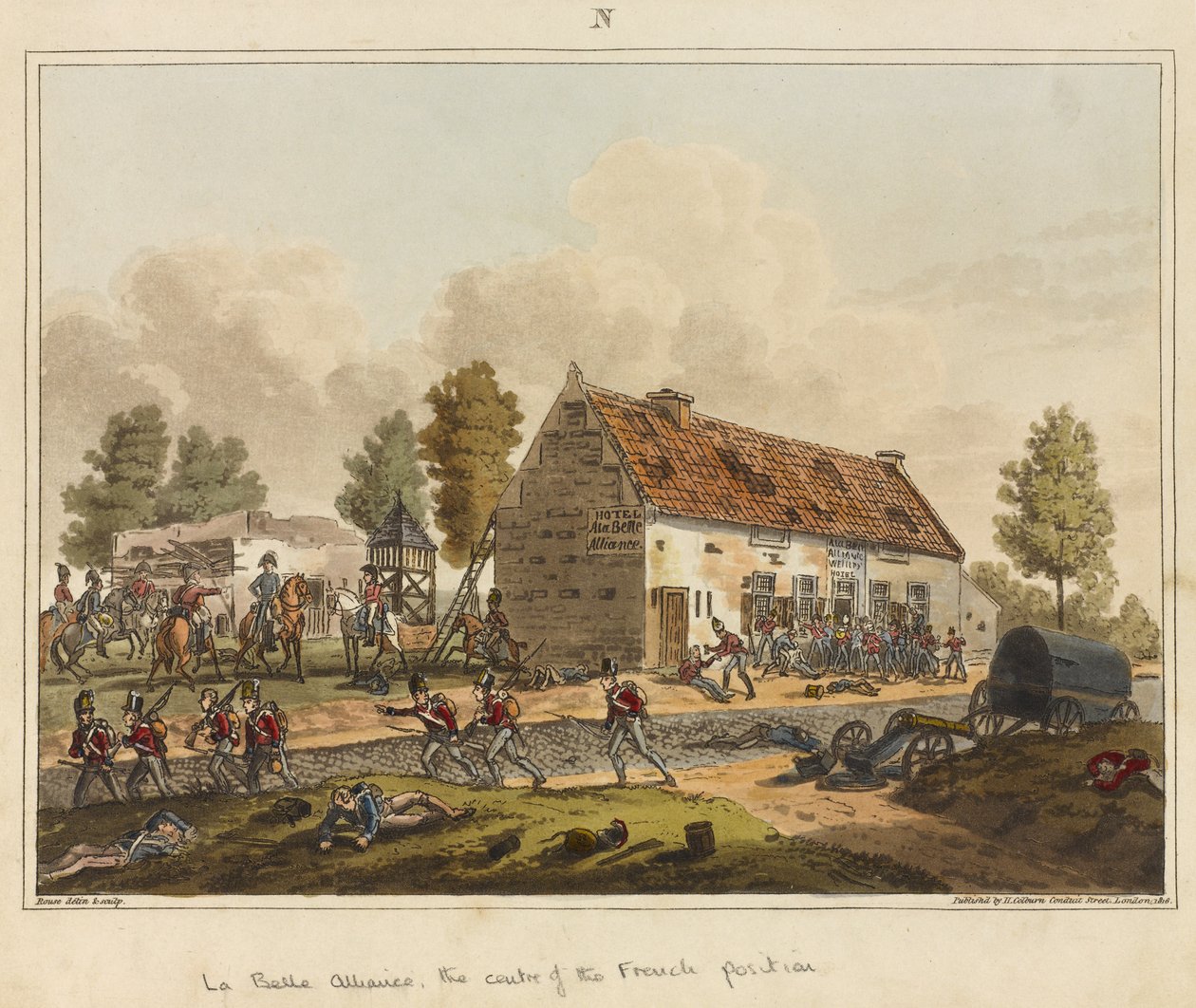 La Belle Alliance, sentrum for den franske posisjonen, fra «En historisk beretning om slaget ved Waterloo» av James Rouse