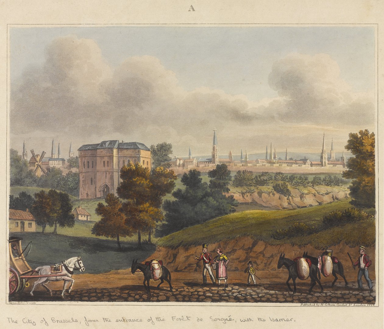 Byen Brussel, fra inngangen til Foret de Soignes, med barrieren, 1815, fra 'An Historical Account of the Battle of Waterloo', 1817 (farget akvatint) av James Rouse
