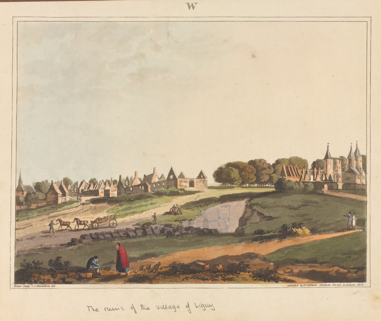 ?Ruinene av landsbyen Ligny?, 1815 av James Rouse