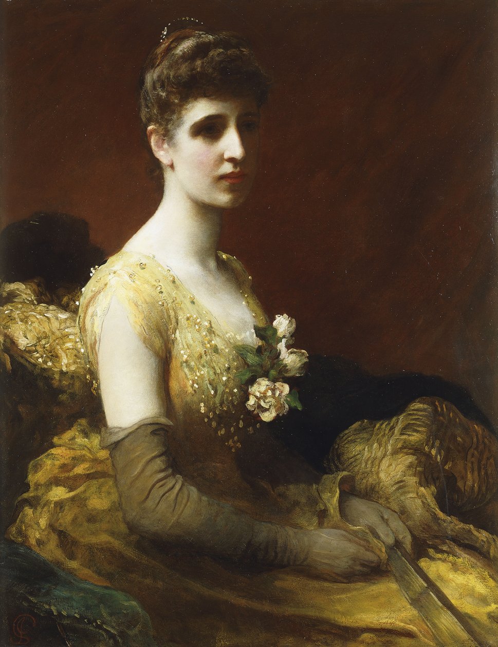 Portrett av Lady Dixon av Rheda, trekvart lengde, sittende iført en gul kjole med blomster som holder en vifte, av James Sant