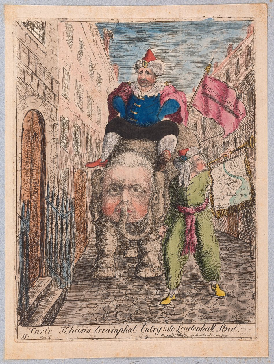Carlo Khans Triumphal Entry into Leadenhall Street, pub. 1783 (håndfarget gravering) av James Sayers