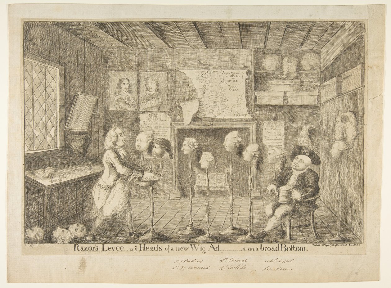 Razors Levée, eller Ye Heads of a New Wig Ad[ministration] on a Broad Bottom, 21. april 1783. av James Sayers