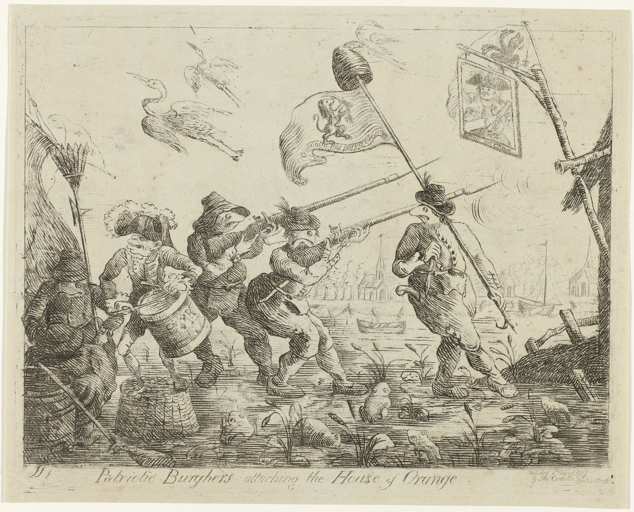 Spotprent op Goejanverwellesluis, 1787 Patriotiske borgere angriper House of Orange (tittel på objekt) av James Sayers