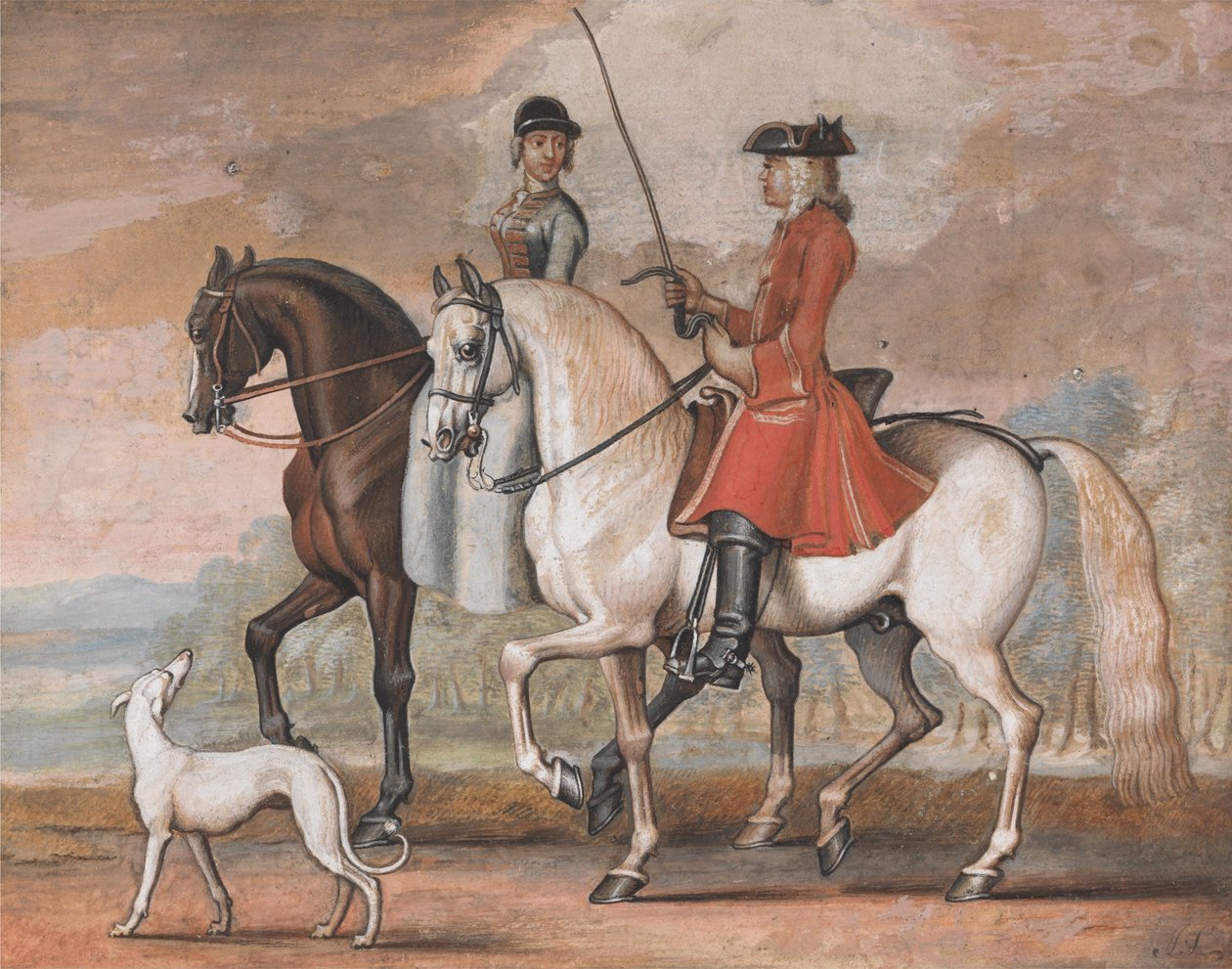 En gentleman på en dressurtrent hest rir ut med en dame av James Seymour
