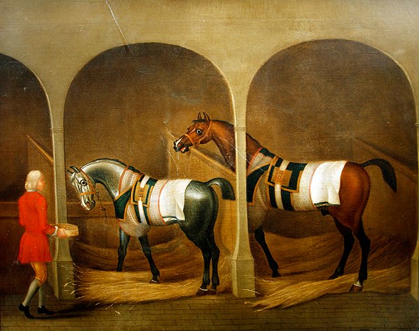 En brudgom mater to hester i en stall (olje på lerret) av James Seymour