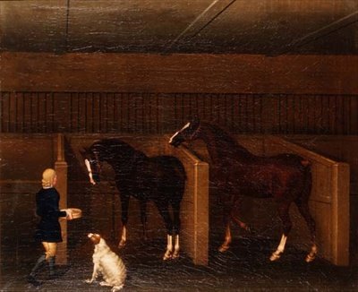 En brudgom, hester og en hund i en stall av James Seymour