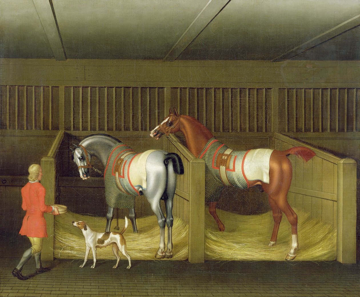Stallen og to kjente løpende hester som tilhører Hans nåde, hertugen av Bolton, 1747 av James Seymour