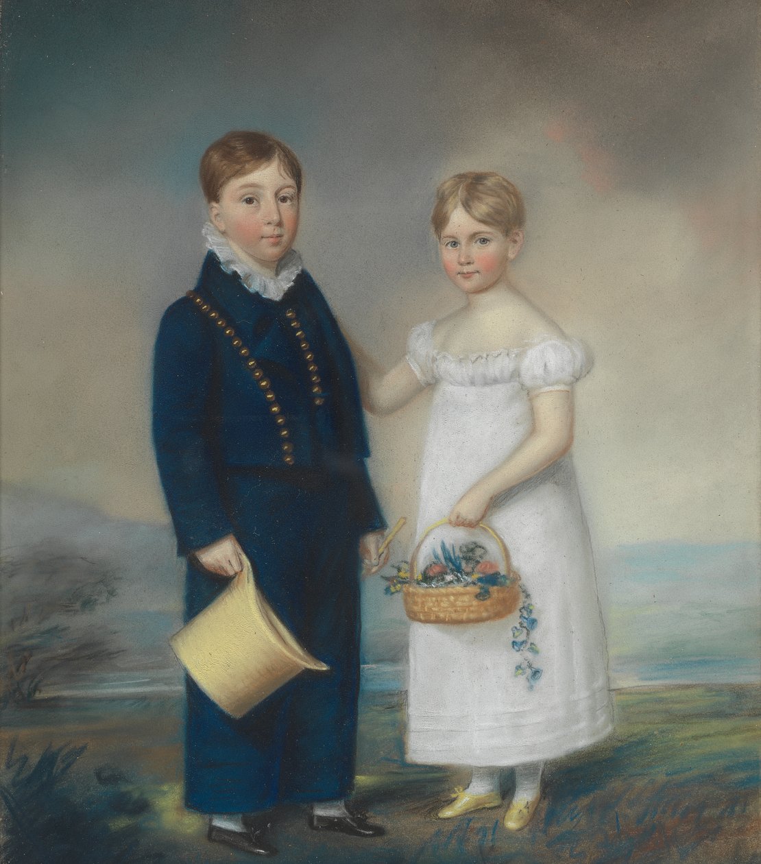 Gutt som holder en hatt og jente som holder en kurv med blomster, står i et landskap av James Sharples