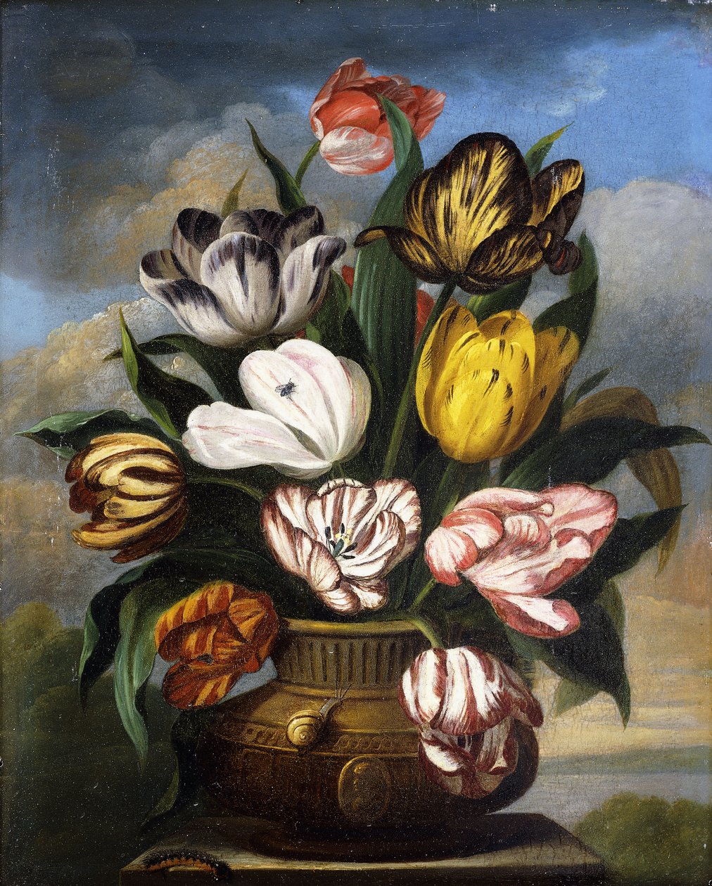 Tulipaner i en vase, med en larve, en snegl og en flue, på en sokkel i et landskap, 1826 av James Sillett