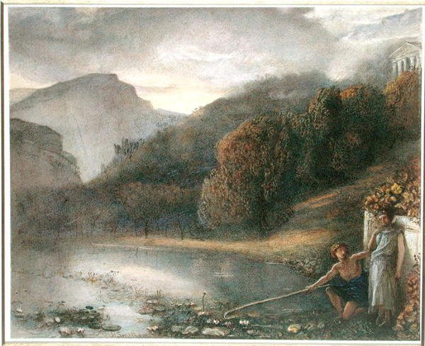 Landskap med tempel og pastorale figurer (akvarell på papir) av James Smetham
