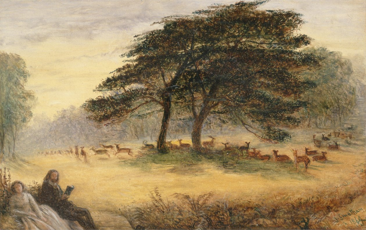 Elskere i Richmond Park (Windsor Park) (olje på panel) av James Smetham