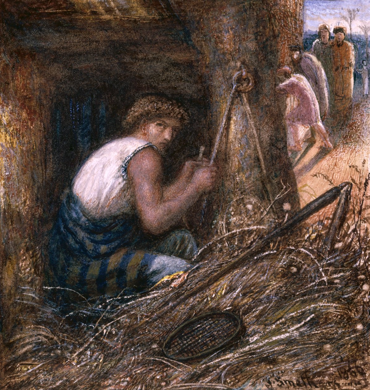 Saul Hiding among the Stuff, 1866 (wc, olje og gummi arabic på papir) av James Smetham