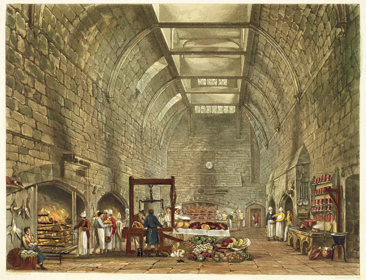 Ancient Kitchen, Windsor Castle, gravert av William James Bennett (1787-1844) fra "The History of the Royal Residences" av William Henry Pyne (1769-1843) pub. 1818 av James Stephanoff