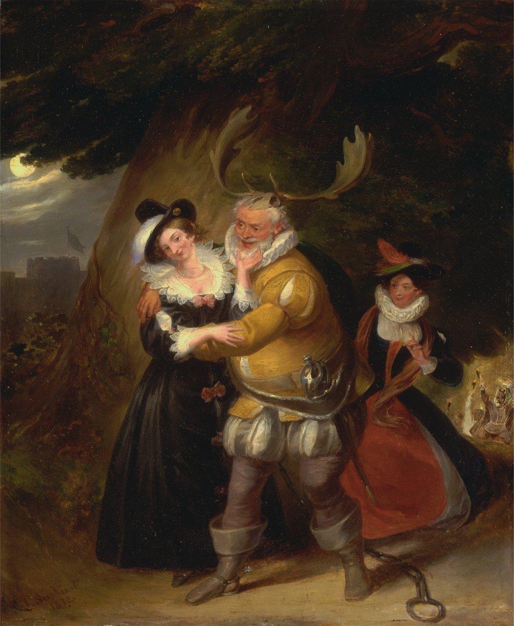 Falstaff ved Hernes eik, fra «De muntre koner fra Windsor», akt V, scene V av James Stephanoff