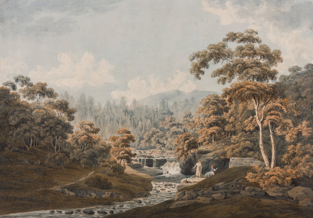 Peeblesshire: Habbies How, Peggys Pool og Carlops Hill (blekk og wc på papir) av James Stevenson