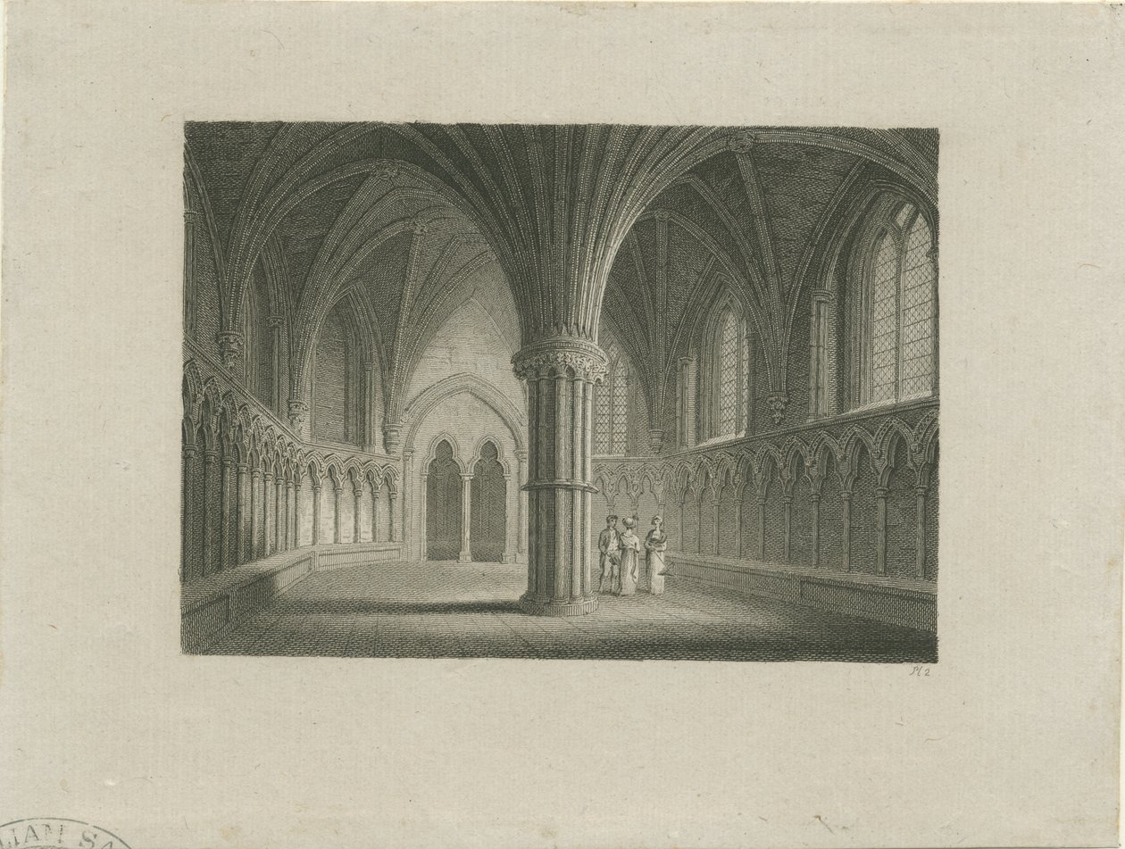 Interiør i Lichfield Cathedral - Chapter House: stålgravering, nd [c 1815] (trykk) av James Storer