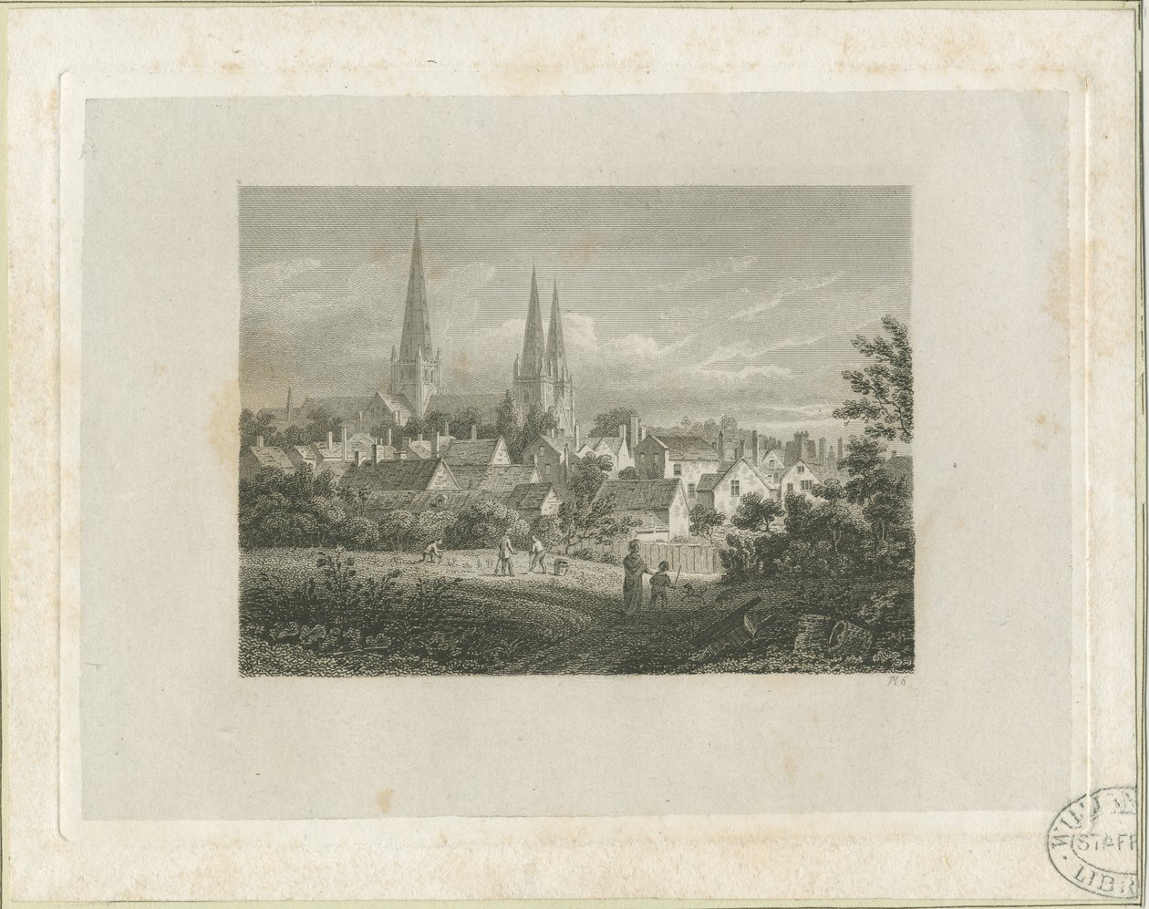 Lichfield Cathedral - North North West view (fjern): gravering, nd [c 1816] (trykk) av James Storer