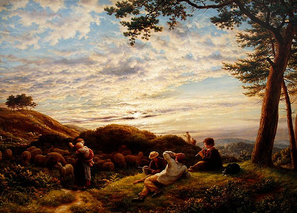 Gjetergutter steller flokken sin ved solnedgang av James Thomas Linnell