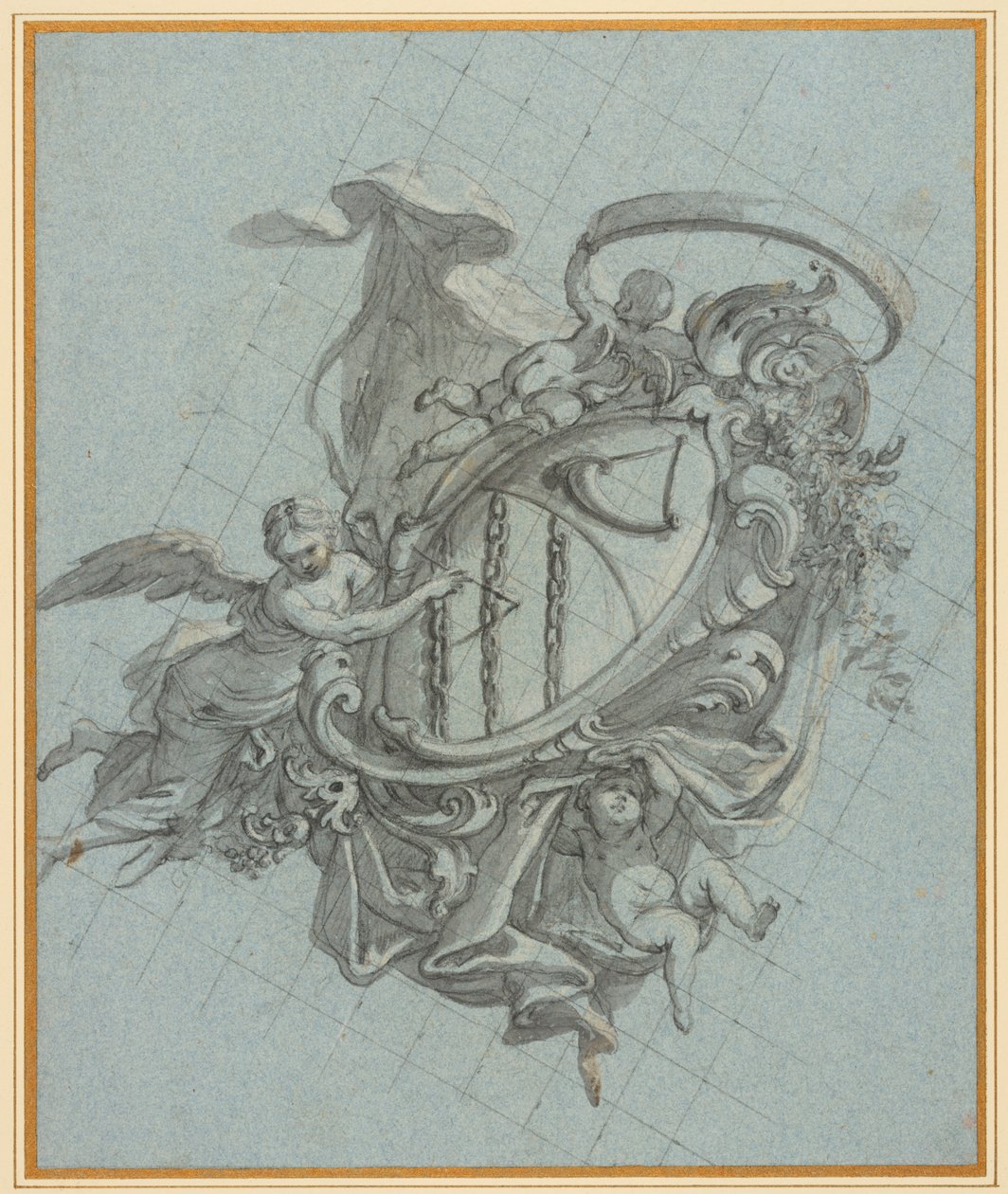 Et våpenskjold med et horn og tre lenker holdt oppe av en engel og to putti av James Thornhill