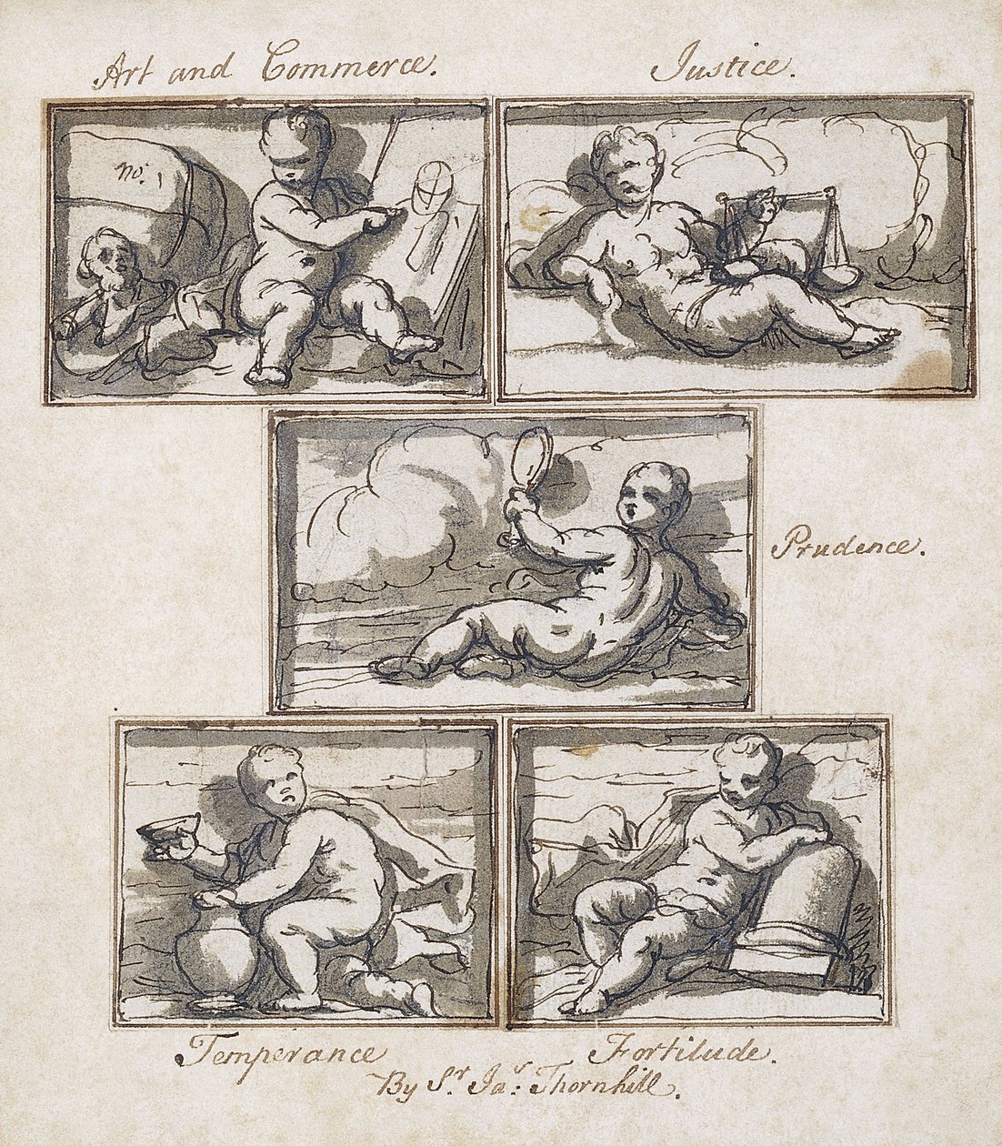 Kunst og handel; Rettferdighet; Forsiktighet; måtehold; og styrke, av James Thornhill